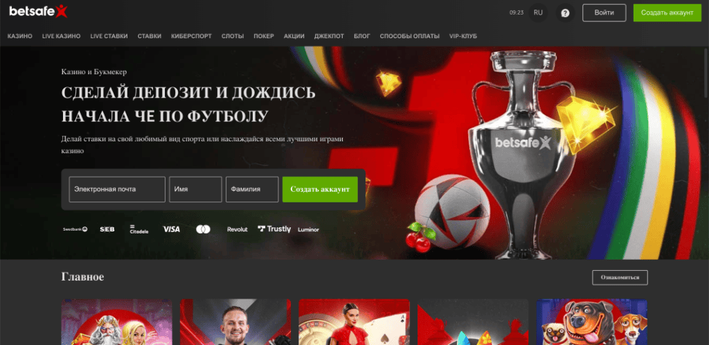 Interfejs strony głównej kasyna Betsafe z prezentacją gier i promocji