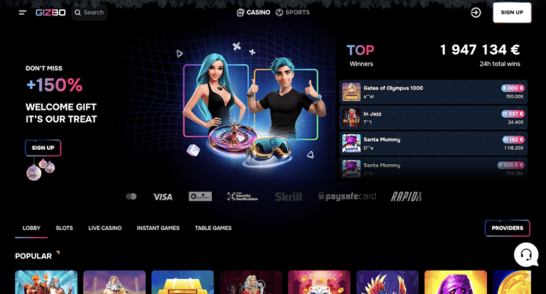 Gizbo Casino » 150% līdz 600€ Bonuss + 600 Bezriska griezieni