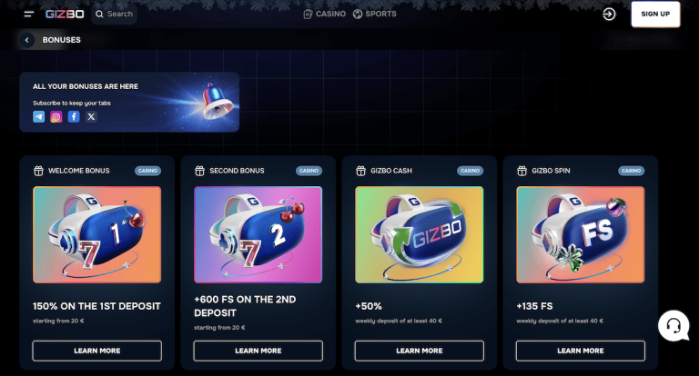 Gizbo Casino » 150% līdz 600€ Bonuss + 600 Bezriska griezieni