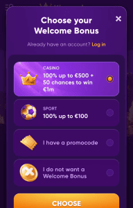 Reģistrācijas forma un bonusa izvēle