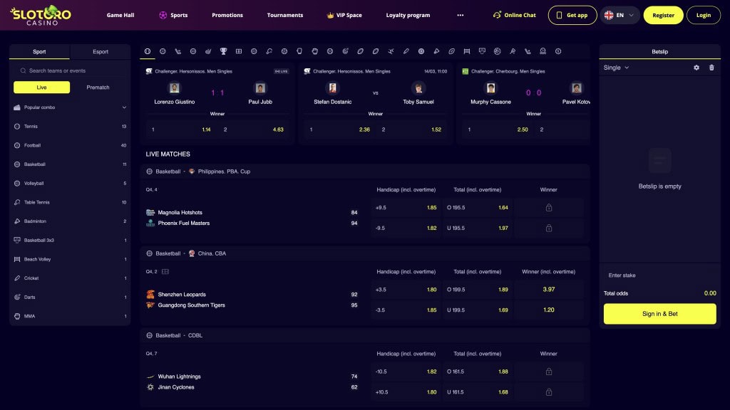 Übersicht des Slotoro-Kasino-Lobbies auf einem Desktop-Bildschirm