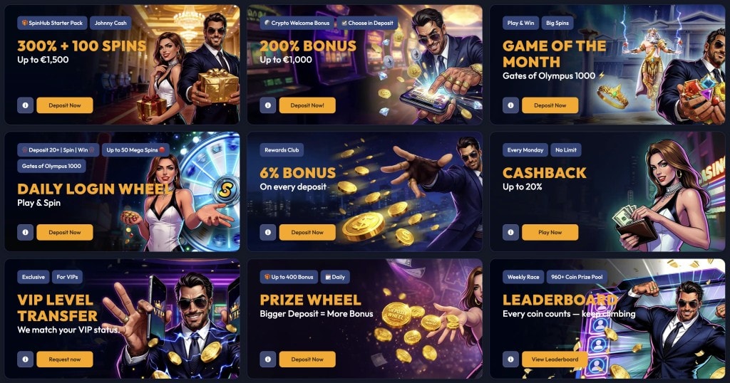 Spinhub bonusi bezmaksas griezieni un citi piedāvājumi